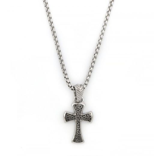 Cross made of stainless steel, embossed design with black oxidation and chain.