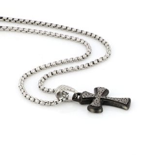 Black cross made of stainless steel, embossed design with black oxidation and chain. - 