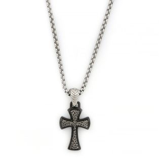 Black cross made of stainless steel, embossed design with black oxidation and chain. Black cross made of stainless steel, embossed design with black oxidation and chain.