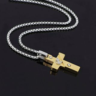 Cross made of gold plated stainless steel with embossed white anchor and chain. - 