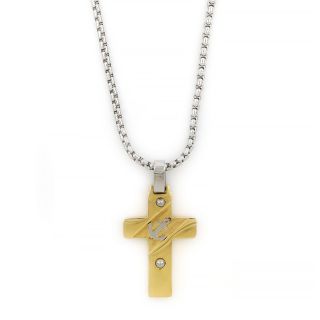 Cross made of gold plated stainless steel with embossed white anchor and chain. Cross made of gold plated stainless steel with embossed white anchor and chain.