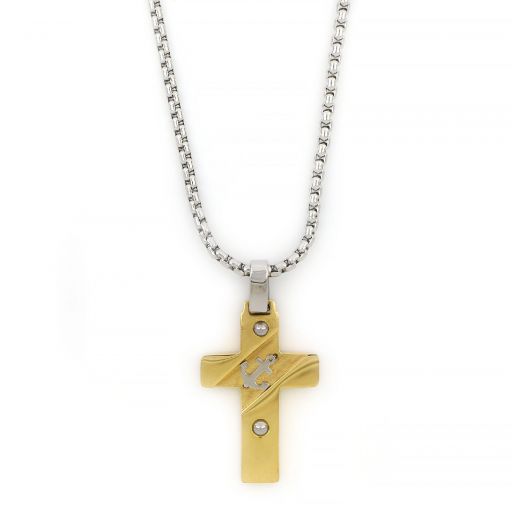 Cross made of gold plated stainless steel with embossed white anchor and chain.