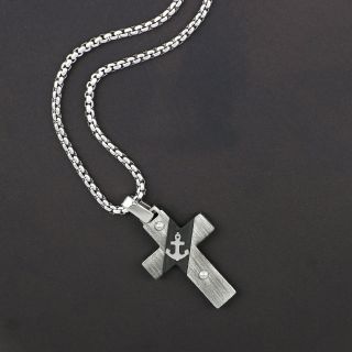 Two-tone cross made of stainless steel with embossed anchor and chain. - 