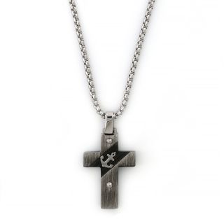 Two-tone cross made of stainless steel with embossed anchor and chain. Two-tone cross made of stainless steel with embossed anchor and chain.