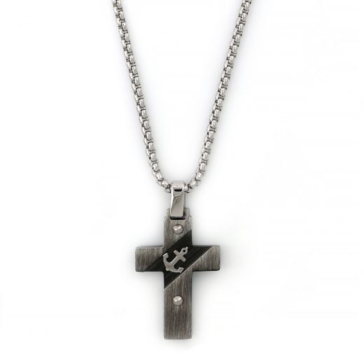 Two-tone cross made of stainless steel with embossed anchor and chain.