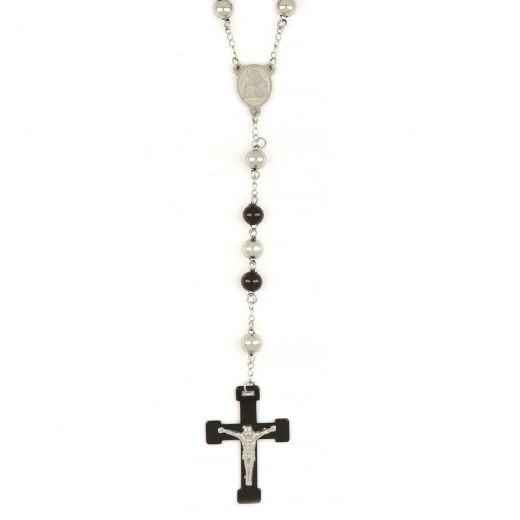 Rosary made of stainless steel in white-black color with embossed cross