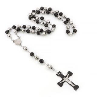 Rosary made of stainless steel in white-black color with embossed cross - 