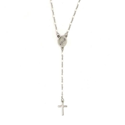 Rosary made of stainless steel in silver color with white beads