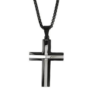 Men's stainless steel black cross with white lines and chain Men's stainless steel black cross with white lines and chain