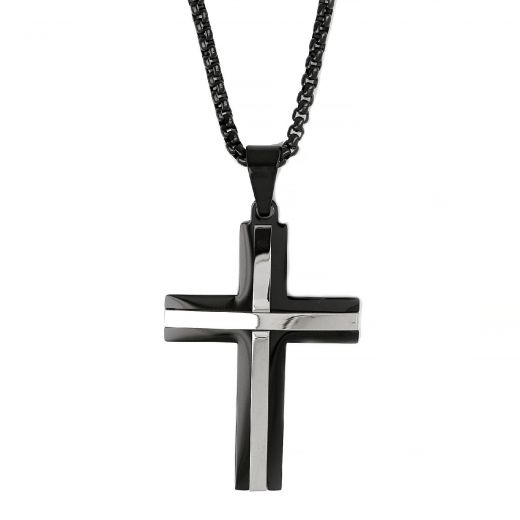 Men's stainless steel black cross with white lines and chain