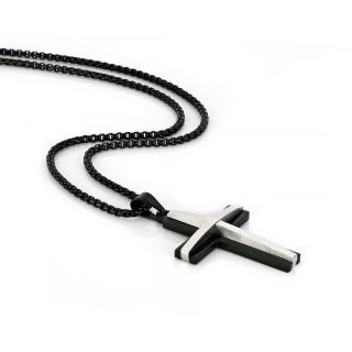 Men's stainless steel black cross with white lines and chain - 
