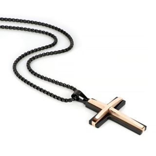 Men's stainless steel black cross with rose gold lines and chain - 
