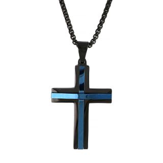 Men's stainless steel black cross with blue lines and chain Men's stainless steel black cross with blue lines and chain