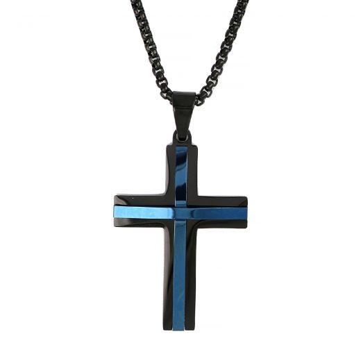 Men's stainless steel black cross with blue lines and chain