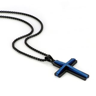Men's stainless steel black cross with blue lines and chain - 