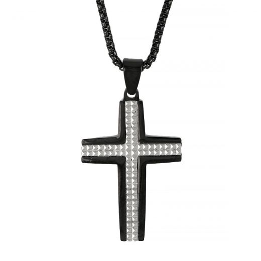 Ανδρικός σταυρός ατσάλινος μαύρος με λευκές γραμμές και αλυσίδα