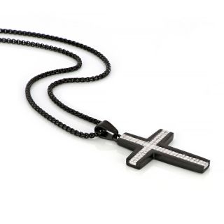 Ανδρικός σταυρός ατσάλινος μαύρος με λευκές γραμμές και αλυσίδα - 