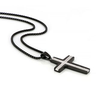 Men's stainless steel black cross with white lines and chain - 