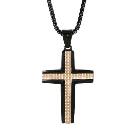 Men's stainless steel black cross with rose gold lines and chain