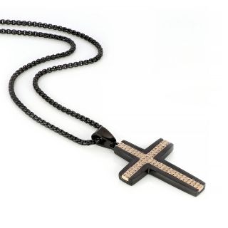 Men's stainless steel black cross with rose gold lines and chain - 
