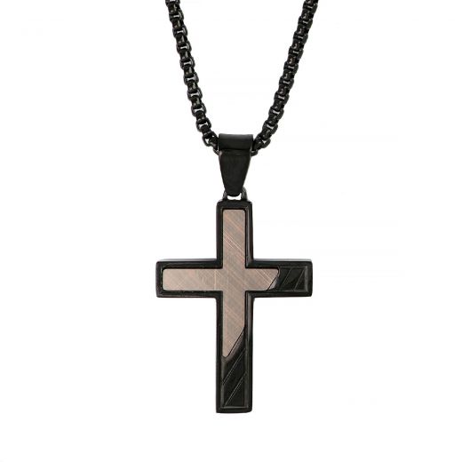 Ανδρικός σταυρός ατσάλινος μαύρος με καφέ λεπτομέρειες και αλυσίδα