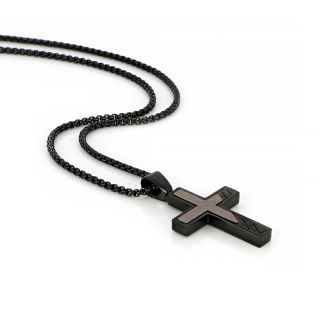 Men's stainless steel black cross with brown details and chain - 