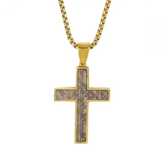 Men's stainless steel gold plated cross with brown color and chain