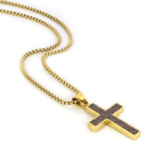 Men's stainless steel gold plated cross with brown color and chain - 