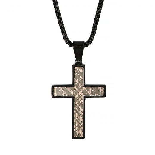 Ανδρικός σταυρός ατσάλινος μαύρος με καφέ χρώμα και αλυσίδα