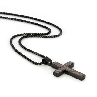 Men's stainless steel black cross with brown color and chain - 
