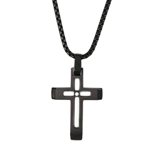 Men's stainless steel black cross with zirconia and chain