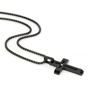 Men's stainless steel black cross with zirconia and chain - 