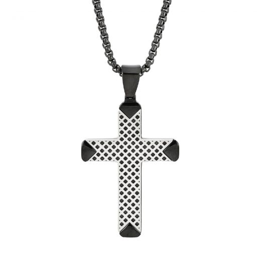 Men's stainless steel black cross with white perforated design and chain