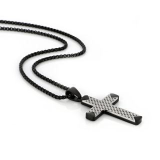 Men's stainless steel black cross with white perforated design and chain - 