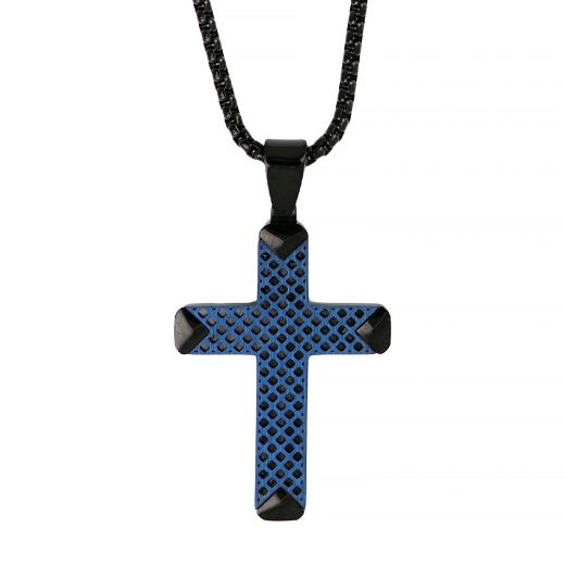Men's stainless steel black cross with blue perforated design and chain
