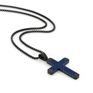 Men's stainless steel black cross with blue perforated design and chain - 