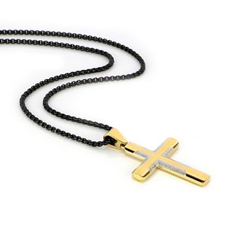 Men's stainless steel gold plated cross with 3D design and chain - 