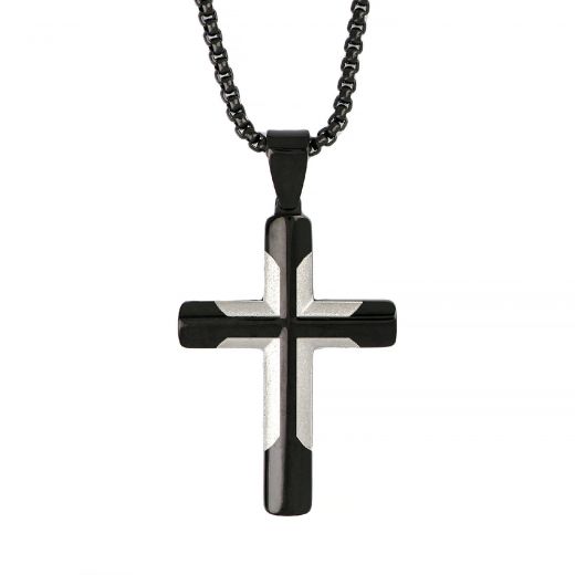 Ανδρικός σταυρός ατσάλινος μαύρος με τρισδιάστατο σχέδιο και αλυσίδα