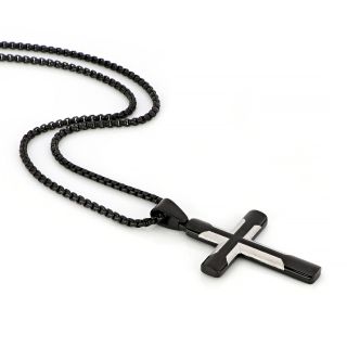 Men's stainless steel black cross with 3D design and chain - 