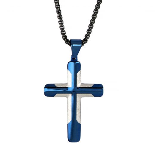 Ανδρικός σταυρός ατσάλινος μαύρος με μπλε με τρισδιάστατο σχέδιο και αλυσίδα
