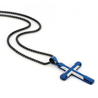 Men's stainless steel black cross with blue 3D design and chain - 