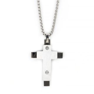 Men's stainless steel cross with black base, white surface and chain Men's stainless steel cross with black base, white surface and chain