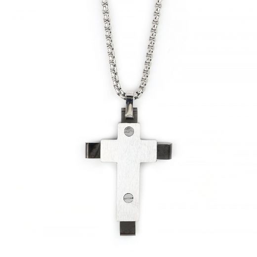 Men's stainless steel cross with black base, white surface and chain