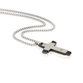 Men's stainless steel cross with black base, white surface and chain - 