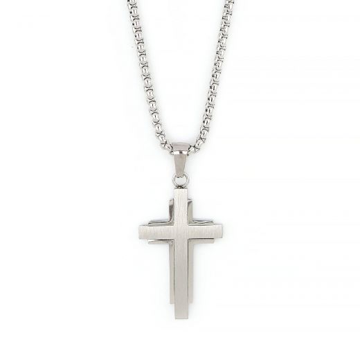 Men's stainless steel cross matte in the center, glossy perimeterically and chain