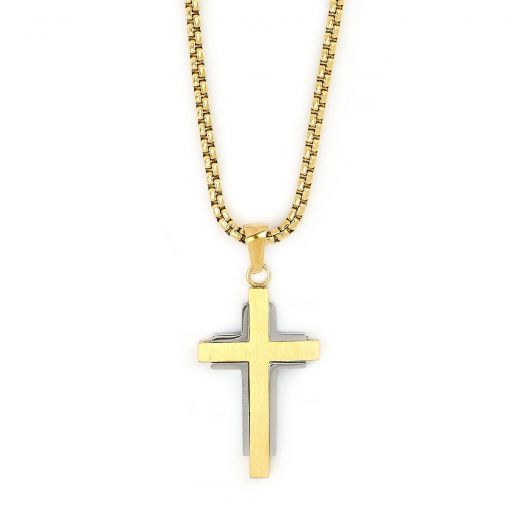 Men's gold-plated stainless steel matte glossy cross and chain