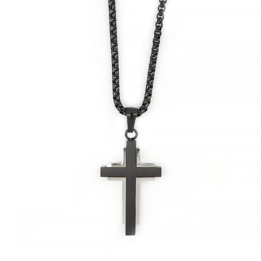 Men's stainless steel black matte glossy cross and chain