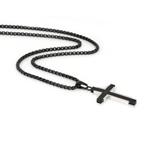 Men's stainless steel black matte glossy cross and chain - 