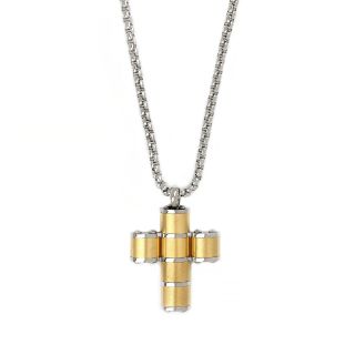 Men's stainless steel gold plated cross in oval design with matte and glossy details and chain Men's stainless steel gold plated cross in oval design with matte and glossy details and chain