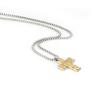 Men's stainless steel gold plated cross in oval design with matte and glossy details and chain - 